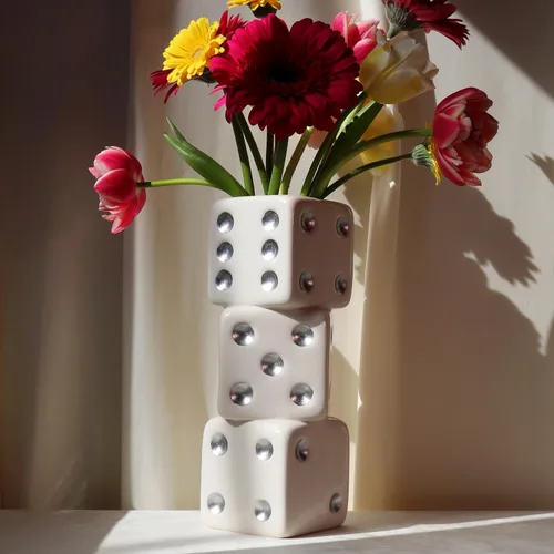 Reimagine Discovery - Jarrón de cerámica de dados triples blanco y plateado, jarrón de flores de cerámica para decoración maximalista, decoración