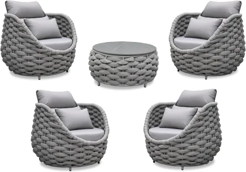 Miniatura 19 de Juego de muebles de patio de 4 piezas ensamblado, conjunto de sofá de conversación para exteriores de cuerda tejida a mano - Sofá de aluminio Cuerda