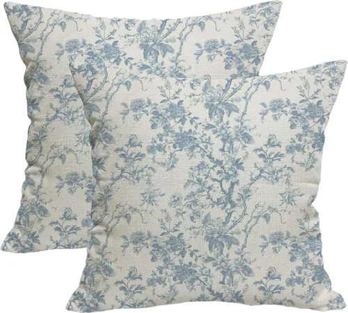 Juego de 2 fundas de almohada florales de color azul bebé de 18 x 18 pulgadas, fundas de almohada decorativas de lino con flores de campo francesas