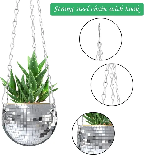 Miniatura 3 de moonoom 2 macetas colgantes de bola de discoteca – 4 pulgadas de color plateado con espejo de discoteca con cadena – Maceta colgante bohemia