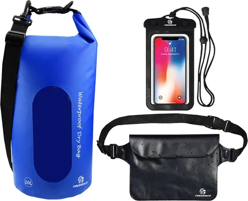 Freegrace - Juego de 3 bolsas impermeables: bolsa con 2 cierres de cremallera y correa de hombro desmontable, riñonera y funda para teléfono; Azul