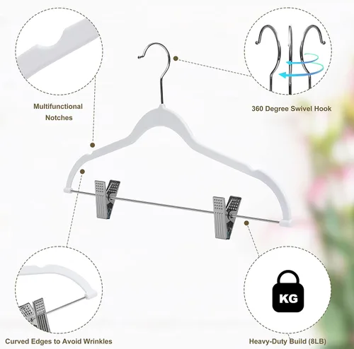 Miniatura 5 de Perchas de plástico de calidad, no aterciopeladas, compactas, delgadas y compactas con clips de metal para faldas, pantalones, blusas, gancho Blanco
