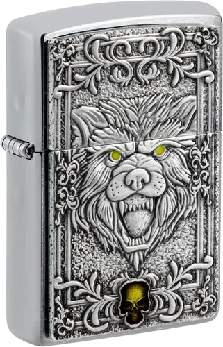 Encendedores Zippo Lobo Emblema de lobo y cráneo cromado cepillado