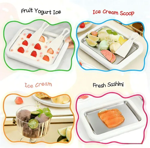 Miniatura 6 de Máquina para hacer helados enrollados, máquina de rodillo de helado de acero inoxidable con 2 espátulas, bandeja antiadherente de enfriamiento