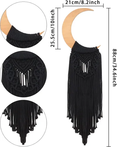 Miniatura 6 de ANROYE Macramé para colgar en la pared, decoración de luna bohemia, adorno de madera de media luna bohemia con borla larga, tapiz de madera único