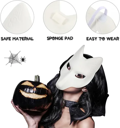 Miniatura 8 de TOYANDONA 2 máscaras blancas lisas, máscara de zorro de poliuretano sin pintar, máscara de bricolaje de animales sin pintar para cosplay, fiestas