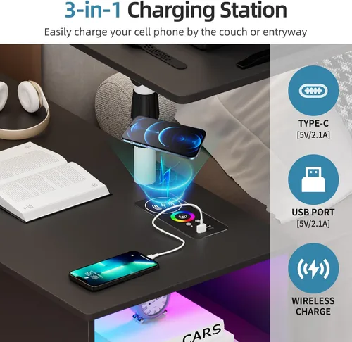 Miniatura 4 de Gurexl Mesita de noche LED de 360° con estación de carga inalámbrica, mesita de noche ajustable movible con bandeja para portátil, soporte de noche