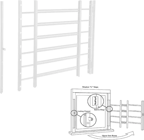 Miniatura 9 de Grisham PP SPAG Barras de Seguridad para Ventanas con Liberación Rápida de Emergencia, (Blanco, 5 Barras) 22'' de Alto x 22''- 42'' de Ancho