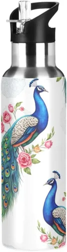 Stainless Steel Vacuum Insulated Water Bottle 20 Oz, BPA-Free Sport Water Bottle for Gym Outdoor Travel School, Peacocks Blue Green Feathers