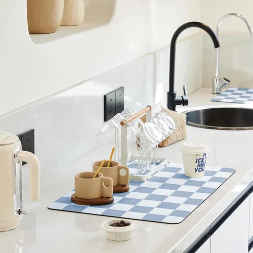 Miniatura 11 de Ohocut Tapete de secado de platos a cuadros para encimera de cocina, accesorios de estación de cafetería, estética, retro, moderna, absorbente