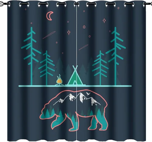 Miniatura 17 de Cortinas abstractas con estampado de cámper de caricaturas, divertido tema de aventura, campamento, montañas, vida silvestre, oso, tratamiento
