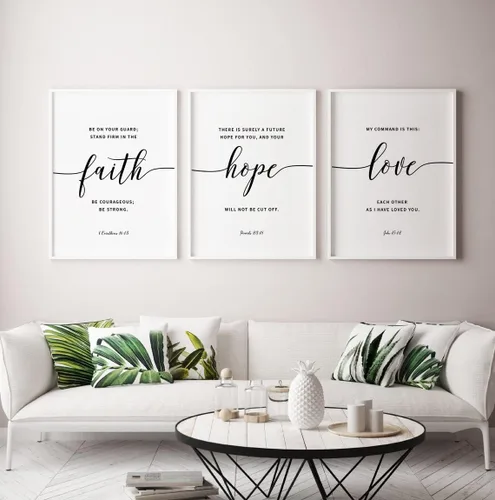 NATVVA 3 piezas de John 15:12 Faith Hope Love Wall Art Impresiones en lienzo con versículos bíblicos citas pósteres de pintura para sala de estar,