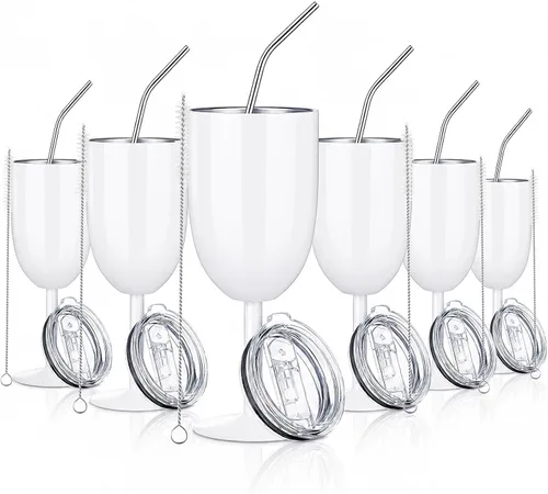 Miniatura 11 de Geiserailie - Paquete de 3 copas de vino de acero inoxidable de 10 onzas con tapa y pajilla, vaso de vino con aislamiento de doble pared con cepillo