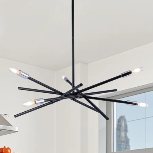 VILUXY Candelabro Sputnik moderno con 6 luces negras lineales para techo, lámpara colgante de mediados de siglo para comedor, sala de estar, Negro