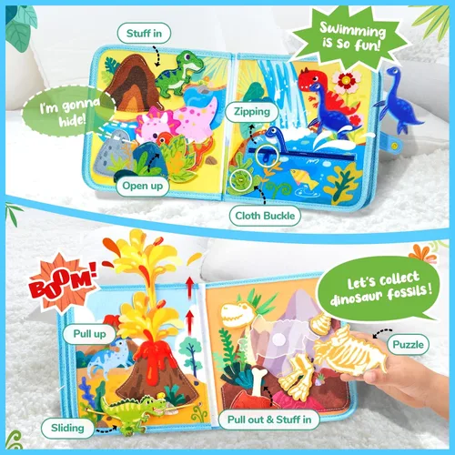 Miniatura 3 de JoyCat Libro Ocupado de Dinosaurios para Niños Pequeños, Tablero Ocupado para Niños de 2, 3, 4 y 5 Años - Juguete de Viaje Libro de Actividades
