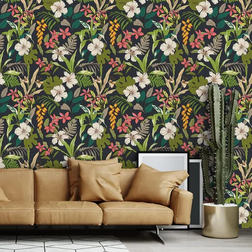 Miniatura 2 de VEELIKE Papel tapiz floral negro de 17.7 x 118 pulgadas, papel tapiz tropical oscuro para dormitorio, baño, autoadhesivo, extraíble, botánico, papel