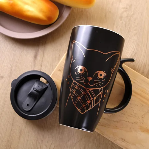 Miniatura 6 de WHJY Taza de café de cerámica grande de 20 onzas con tapa a prueba de salpicaduras, asa en forma de cola de gato, vaso de taza de gato de animales