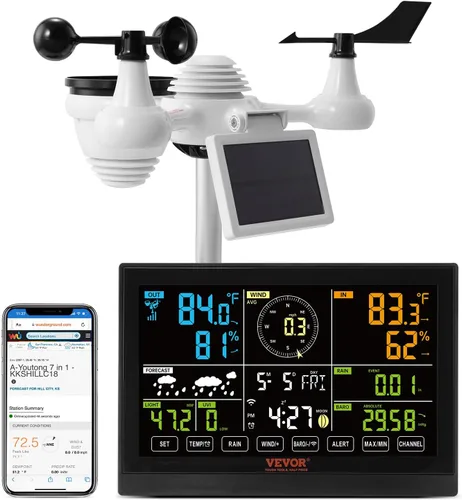 VEVOR YT60234 Estación meteorológica WiFi 7 en 1, estaciones meteorológicas WiFi para interiores y exteriores, pantalla a color de 7.5 pulgadas para