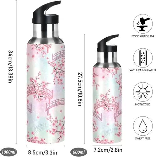 Miniatura 2 de BPA-Free Sports Water Bottle with Straw 32 Oz, Insulated Stainless Steel Water Bottle with Straw for Gym Outdoor Travel School, Cherry Blossom