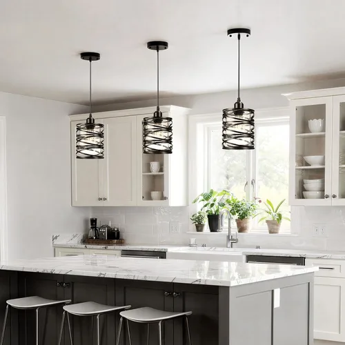 Miniatura 2 de Juego de 3 luces colgantes Luces de cocina con vidrio semillado tipo burbuja Luces de isla Luces colgantes negras para cocina, comedor, baño