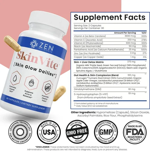 Miniatura 5 de Zen Nutrients SkinVite Suplemento natural para la piel para mujeres, hombres y adolescentes, brotes hormonales y suplemento de apoyo para la piel