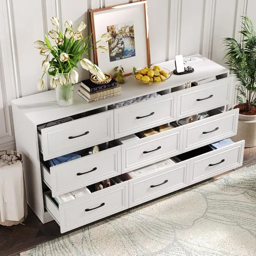 Miniatura 8 de Fameill - Cómoda para dormitorio, organizador de 9 cajones con estación de carga, cómoda alta para pasillo, cómoda de madera con tiradores de metal