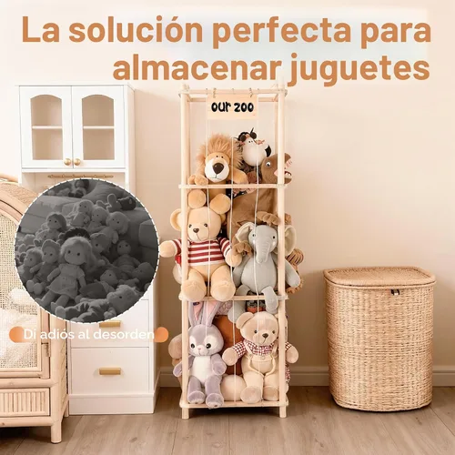 Miniatura 6 de LAMU Almacenamiento de animales de peluche, soporte de madera para animales de peluche con cordones elásticos, organizador de juguetes de ahorro