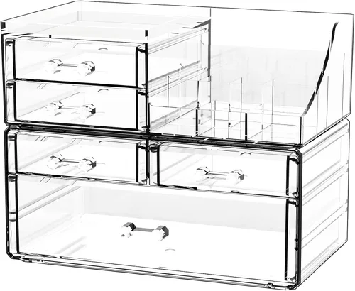 Cq acrylic Organizadores de maquillaje transparentes para tocador, organizador de cuidado de la piel con 5 cajones para cómoda, accesorios de
