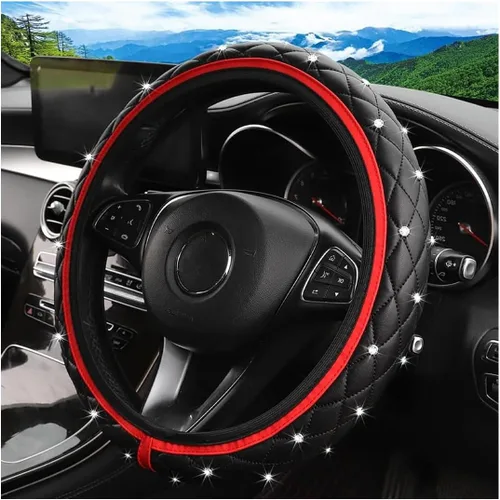 Miniatura 8 de Funda de cuero brillante para volante, 15 pulgadas, antideslizante, elástico, protector de volante con diamante brillante para mujeres y niñas, Azul