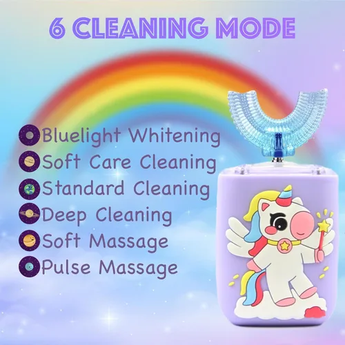 Miniatura 6 de Cepillo de dientes eléctrico en forma de U para niños pequeños con 5 cabezales de cepillo, diseño de unicornio de dibujos animados, limpieza de boca