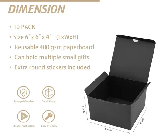 Miniatura 2 de opaprain Paquete de 10 cajas de regalo negras de 6 x 6 x 4 pulgadas con tapa, papel reciclable adecuado para bodas, festivales, regalos, graduación