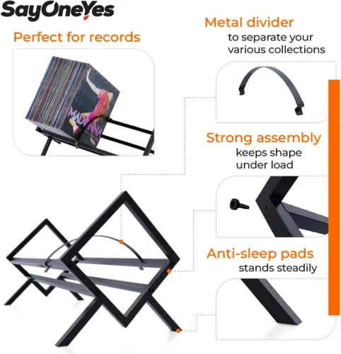 Miniatura 3 de Estante de almacenamiento de discos de vinilo, organizador LP negro mate para 100 álbumes, soporte de metal resistente de un solo nivel, fácil