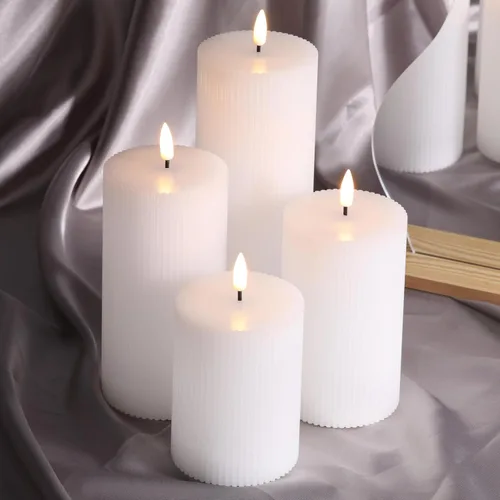 Miniatura 4 de Velas de pilar sin llama acanaladas blancas con control remoto, juego de 4 velas LED parpadeantes con parte superior plana, 3 pulgadas de alto, 4