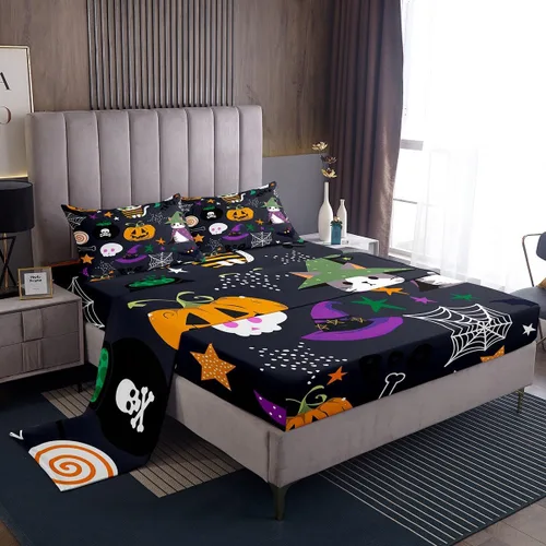 Miniatura 32 de Erosebridal Juego de sábanas de Halloween con diseño de fantasmas de dibujos animados, decoraciones de calabaza de Halloween, juego de sábanas