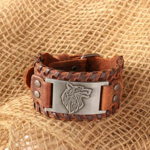Miniatura 4 de HAQUIL Pulsera vikinga wicca egipcia negra marrón ancha de cuero pulsera antigua medieval joyería regalo para hombres