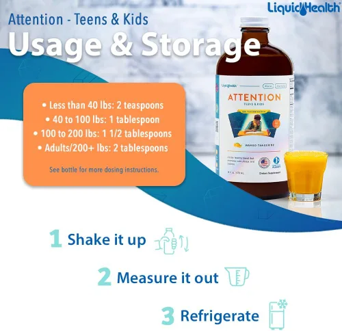 Miniatura 4 de LIQUIDHEALTH Attention, Multivitamínico líquido para niños y adolescentes – Mejora la retención de memoria, concentración, enfoque, estado de ánimo