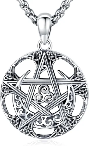 Miniatura 60 de Collar de pentagrama de plata de ley con triple luna, diosa celta, nudo celta, nudo de brujas, Ankh, sol y luna, Hécate, lilith, Santa Muerte