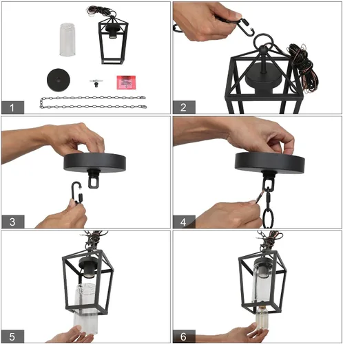 Miniatura 8 de classy leaves Lámpara colgante al aire libre para porche, luz colgante negra con vidrio transparente, moderna jaula de metal de granja, cadena