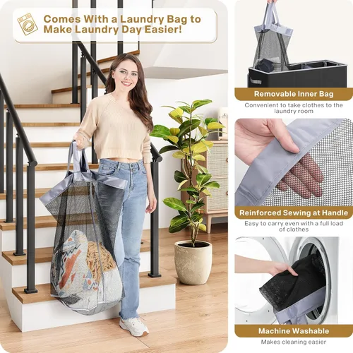 Miniatura 3 de SOLEDI Cesta de ropa sucia de 180L de 3 secciones, cesta de ropa sucia extra grande con tapa, cesta de ropa sucia con asa resistente, organizador