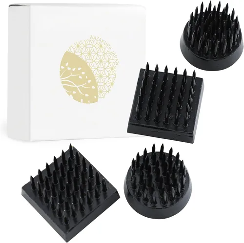 Wazakura 4 piezas de mini Ikebana Kenzan negro, fabricado en Japón, diseño floral, soporte redondo y cuadrado para flores (negro Mini Kenzan)