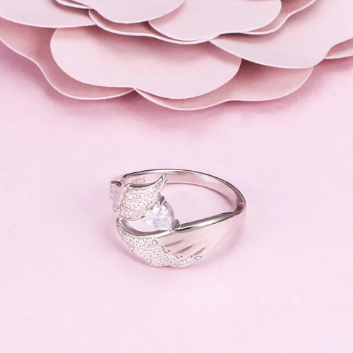 Miniatura 4 de Anillo de plata de ley 925 con alas de ángel y circonita cúbica gran pluma joyería para mujer