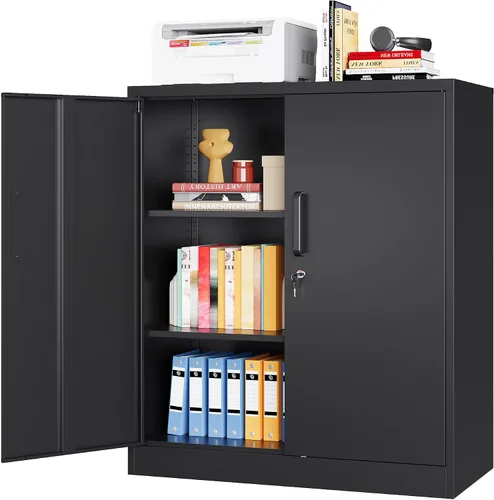Miniatura 19 de Armario de almacenamiento de metal con 2 puertas y estantes ajustables, armario de metal ancho, gabinete de almacenamiento bajo, gabinete de acento