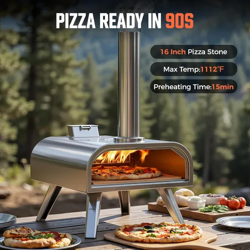 Miniatura 5 de BIG HORN OUTDOORS 16" Horno de piedra para pizza con leña, cocinador de pizza al aire libre de acero inoxidable 1112°F, portátil