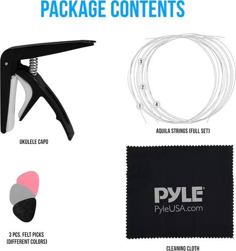 Miniatura 5 de Pyle Kit de 4 accesorios - cuerdas Aquila, juego completo de reemplazo, cejilla para ukelele con 3 piezas, púas de fieltro y paño de limpieza