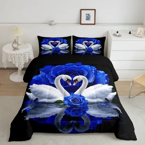 Miniatura 33 de Erosebridal Juego de ropa de cama de guepardo con rosa azul, juego de edredón con estampado de leopardo y gato, edredón romántico de plumón