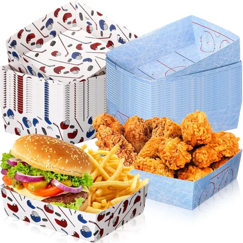 Teling Paquete de 36 suministros para fiestas de hockey grandes de 5 libras, bandejas de platos de hockey de papel, botes de comida y botes
