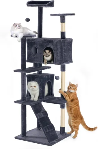 Miniatura 16 de DUMOS Torre grande de árbol para gatos de 66 pulgadas, torre alta de escalada para gatos de varios niveles con postes rascadores de sisal natural