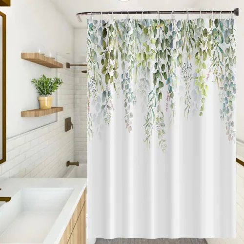 Miniatura 10 de Cortinas de ducha botánicas verdes de 36 x 72 pulgadas, hojas de eucalipto naturales de primavera para minimalismo moderno, decoración de baño, tela