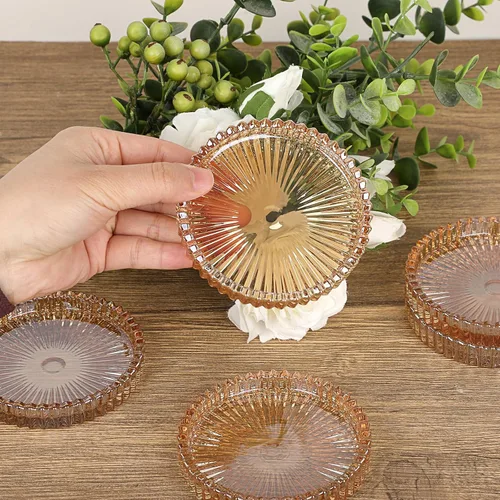 Miniatura 3 de JUXYES Juego de 5 posavasos de cristal tono ámbar redondos, tapetes para tazas de vidrio, posavasos para bebidas, café, té, vino, posavasos