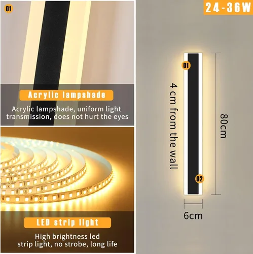 Miniatura 47 de Luz de pared exterior moderna de 47 pulgadas, accesorios de iluminación exterior de acrílico negro de 3000K, montaje en pared, luces de porche